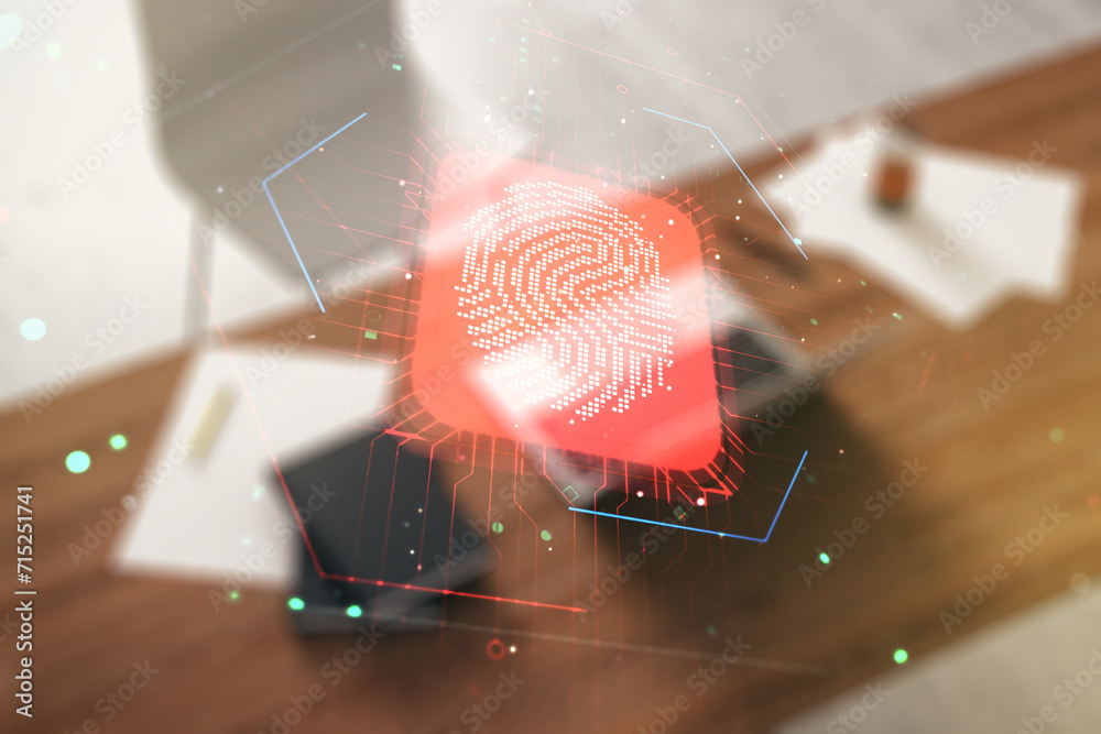 Leinwandbilder abstract creative fingerprint concept and modern desktop with computer on background. multiexposure