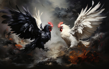 black and white roosters locked in battle high soaring and flapping feathers and wings