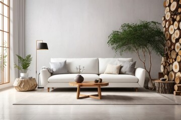 Interior home design of living room with white sofa and wooden slab tree logs decoration