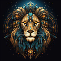 Leo lion head in the form of a cosmic symbol. Deep gold and teal Detailed face, mirror, dark and complex, heavenly, Velvia, black background, sticker design, emblem.