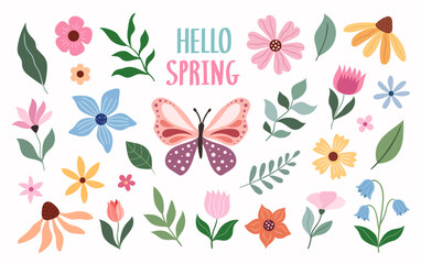 Decorative set of spring and summer flowers