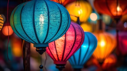 Close shot of a handmade glowing silk lanterns in night hanging in store for sell for Chinese new year with a copy space, Generative AI. - obrazy, fototapety, plakaty