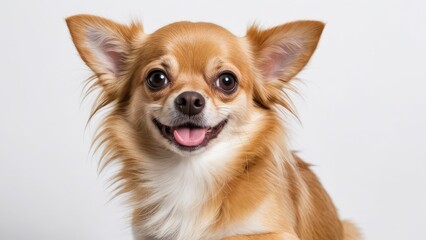 Portrait of Fawn long coat chihuahua dog on grey background
