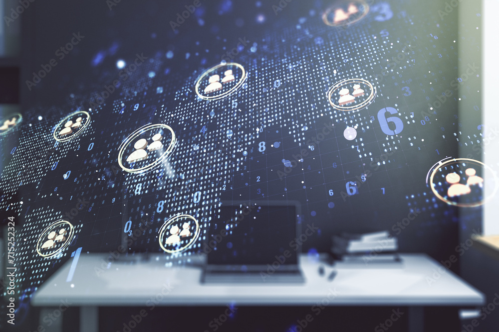 Poster double exposure of social network icons concept with world map and modern desktop with laptop on bac