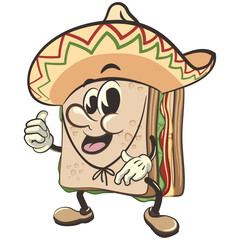 vector illustration of cute sandwich character mascot wearing sombrero with thumb up, work of handmade