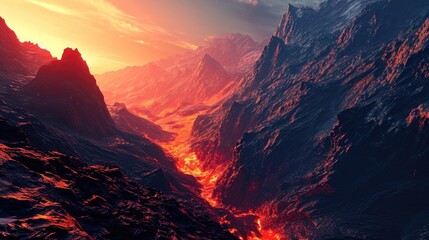 A fiery sunset casts a warm glow over the neon mountain landscape highlighting every crevice and slope