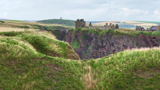 Drone castle Scotland. Dunnottar castle near Stonehaven. Historic medieval Scottish travel destination, tourism landmark in UK