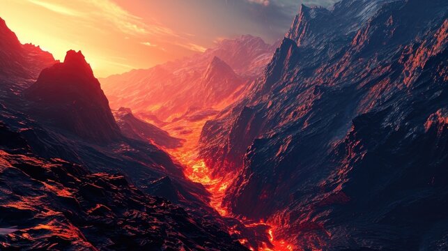 A fiery sunset casts a warm glow over the neon mountain landscape highlighting every crevice and slope