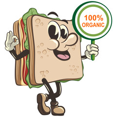 vector illustration of cute sandwich character mascot carrying a sign that says one hundred percent organic, work of handmade