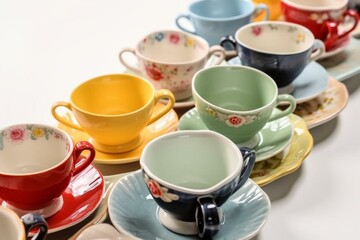 Obraz na płótnie Canvas a cute arrangement of small colorful tea cups for tea time. Generative AI