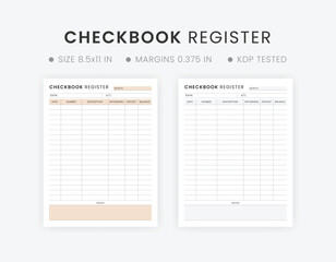 Printable Blank Checkbook Register Planner Template Letter Size Bank Account Transaction Record Notebook
