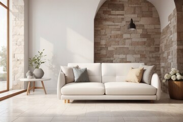 Rustic interior home design of living room with white sofa and stone wall