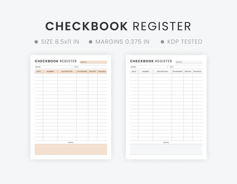 Printable Blank Checkbook Register Planner Template Letter Size Bank Account Transaction Record Notebook