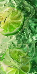 Close-up of fresh lemon slices in water with ice cubes and bubbles. Summer refreshing drink.