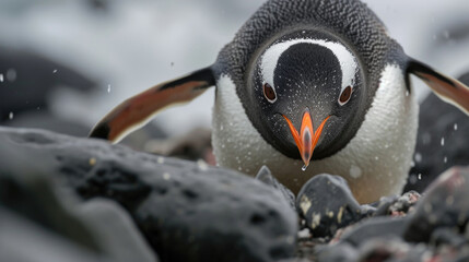 Closeup of a penguins determined expression as it intently focuses on navigating the uneven terrain ahead