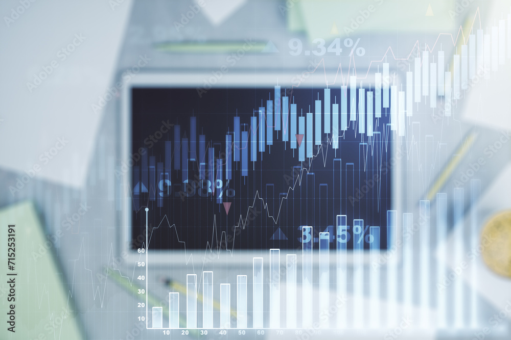 Poster multi exposure of abstract financial graph and modern digital tablet on desktop on background, top v