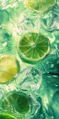 Close-up of fresh lemon slices in water with ice cubes and bubbles. Summer refreshing drink.