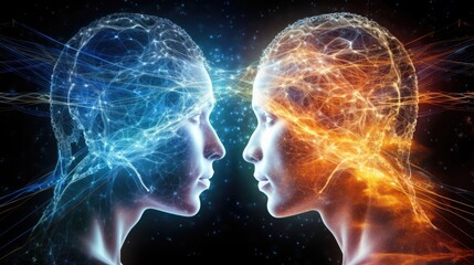 A graphic representation of two individuals communicating through quantum telepathy via entangled brain waves. - obrazy, fototapety, plakaty