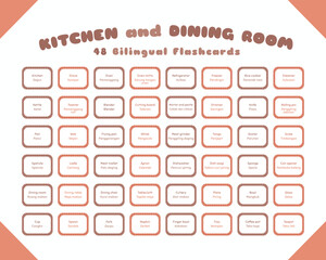 Kitchen and dining room bilingual colorful flashcard vector set. Printable kitchen and dining room flashcard for kids. English Indonesian language.
