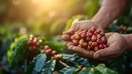 Closeup of a farmer harvesting a raw coffee bean from a tree in a farm, Generative AI.