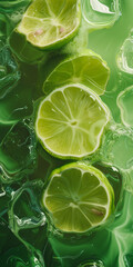 Close-up of fresh lemon slices in water with ice cubes and bubbles. Summer refreshing drink.