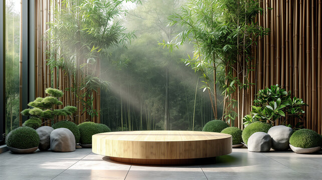 3d Render Of Japanese Interior With Round Podium And Bamboo Wall.