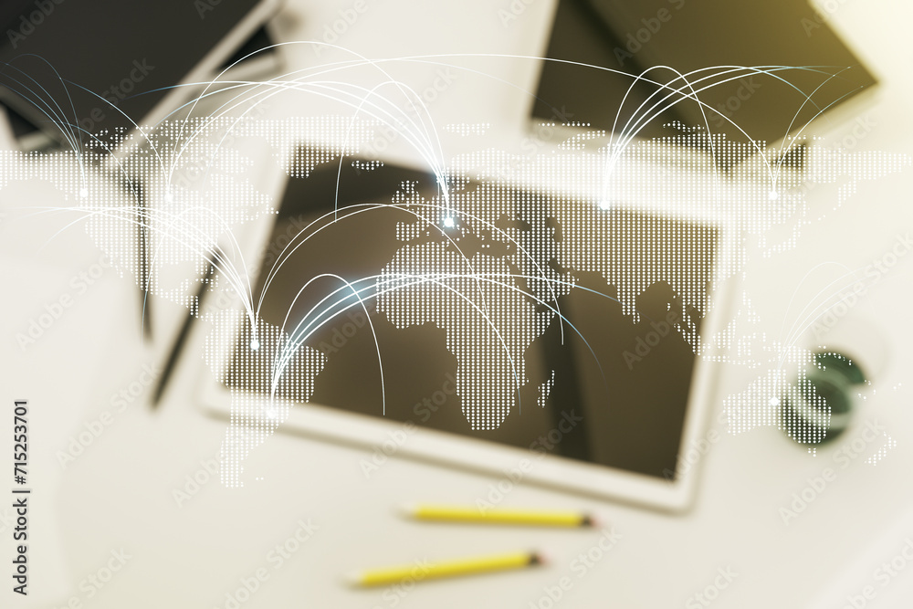 Aufkleber double exposure of abstract digital world map with connections and digital tablet on background, top