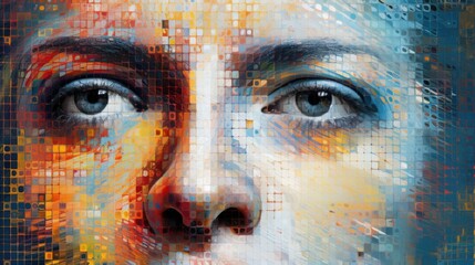 A series of digital pixels forming an abstract portrait, showcasing the innovative ways in which AI is used to analyze and interpret human emotion in art.