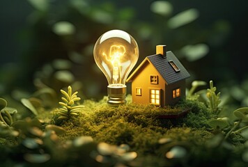 A light bulb embedded in the grass with the world inside, symbolizing the concept of saving the world and promoting clean energy.