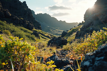 Fototapeta premium shot of the amazing rock formations and plant, a lush colorful hillside under a cloudy blue sky with the sun peeking through the clouds over a valley with rocks and trees on the side