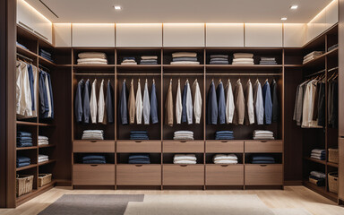 Modern, minimalist walk-in wardrobe with hanging clothes, shelves, and drawers. Ideal for organizing accessories in a luxury closet.