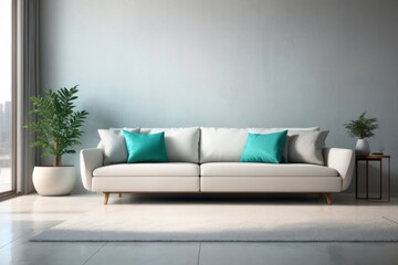 Interior home design of living room with white sofa turquoise pillow near the window