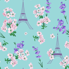 Seamless vector illustration of a stylized Eiffel tower with lavender and with cherry blossoms