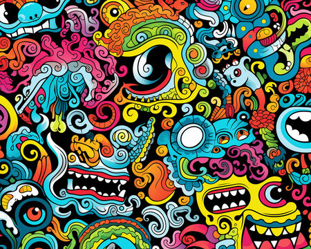 Colorful doodle monsters in abstract style