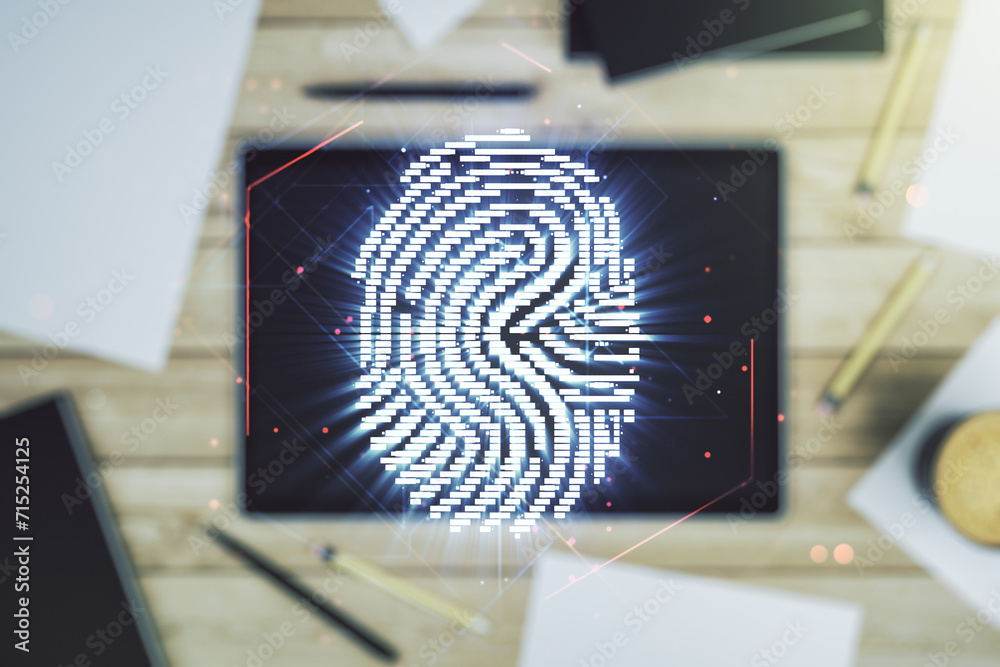 Poster double exposure of abstract creative fingerprint hologram and digital tablet on background, top view