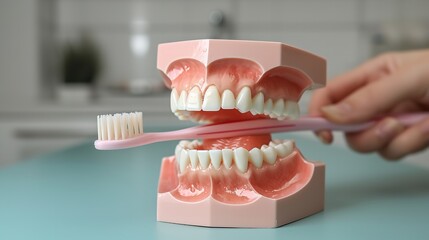 Dental jaw model with brush a concept of oral hygiene in a clean surface, Generative AI. - obrazy, fototapety, plakaty