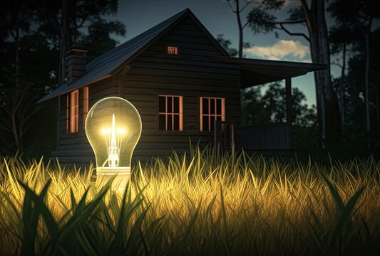 A light bulb nestled in the grass with a miniature representation of the world inside, symbolizing the concept of saving the world and promoting clean energy.