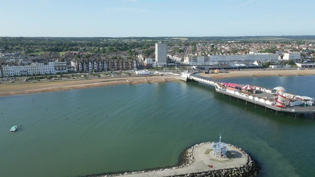 Drone shot of Herne Bay seafront and pier. Kent, uk.