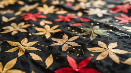 Naklejka na ściany i meble Elegant Fabric Texture with Golden Floral Print
