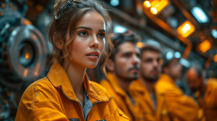 Fototapeta premium Female Automotive Engineer Leading Team in Industrial Environment