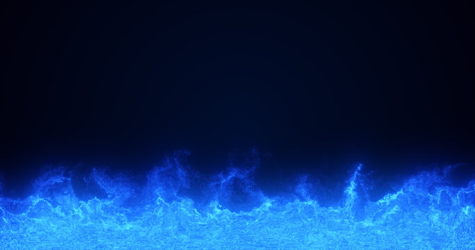Abstract blue flame fire energy magical from smoke fog glowing bright electric small particles flying dots on a black background