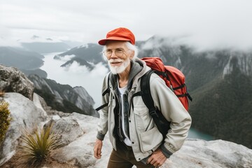 Senior man with a red backpack hiking, enjoying mountainous landscape