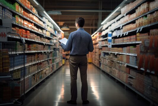 A handsome young man standing in the supermarket or grocery stor
