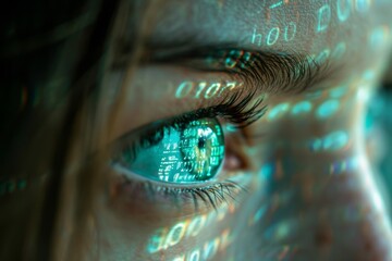 Close-up of an eye reflecting binary code, digital data concept - Powered by Adobe