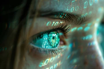 Foto op Aluminium Close-up of an eye reflecting binary code, digital data concept © artem