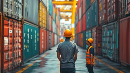 Logistics, shipping and manager planning container export with employee in an export delivery industry. Industrial workers working with stock or cargo transport, generative ai