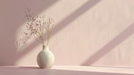 Minimalist interior decor with ceramic vase and dry plant, minimal shadows on the wall neutral pink 3d rendering aesthetic background