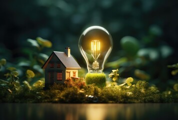 Light bulbs and small houses in nature, representing the concepts of ecology, solar energy and sustainability. Environmentally friendly energy into the natural environment. - obrazy, fototapety, plakaty