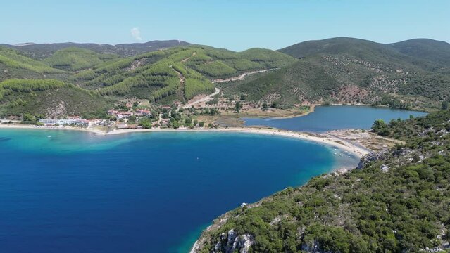 Porto Koufo Beach at Summer Vacation in Sithonia, Halkidiki, Greece - Aerial 4k