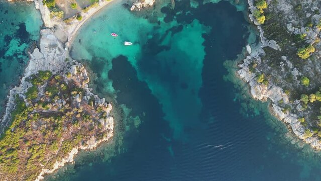 Idyllic Bay and Beach in Sithonia, Halkidiki, Greece - Aerial 4k Top Down View